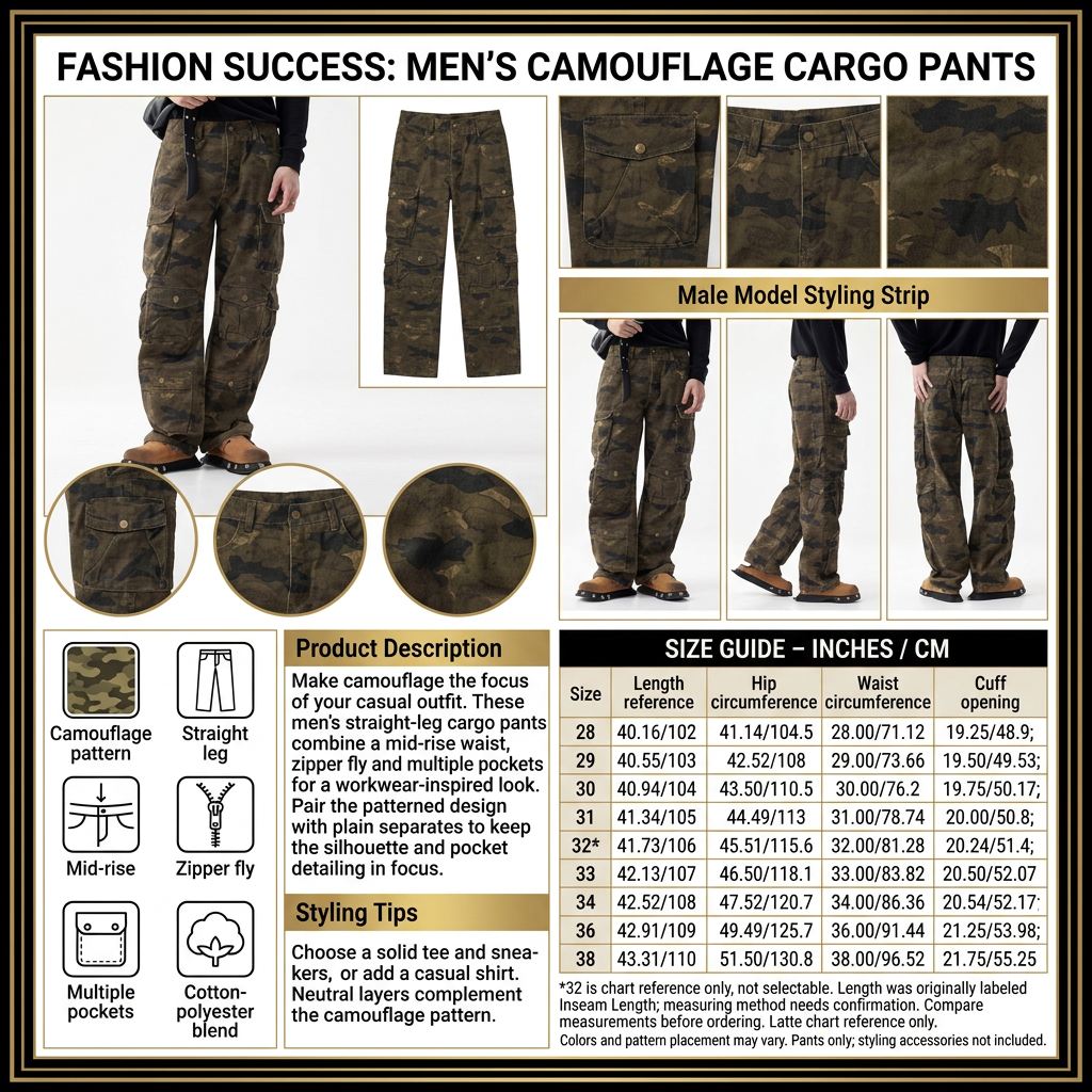 Men’s camouflage cargo pants detailed infographic
