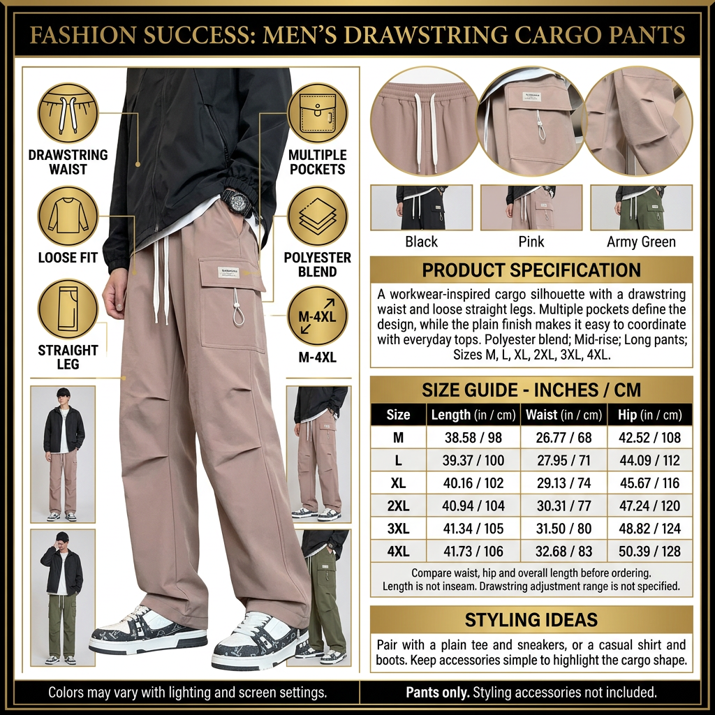 Men’s drawstring cargo pants detailed infographic