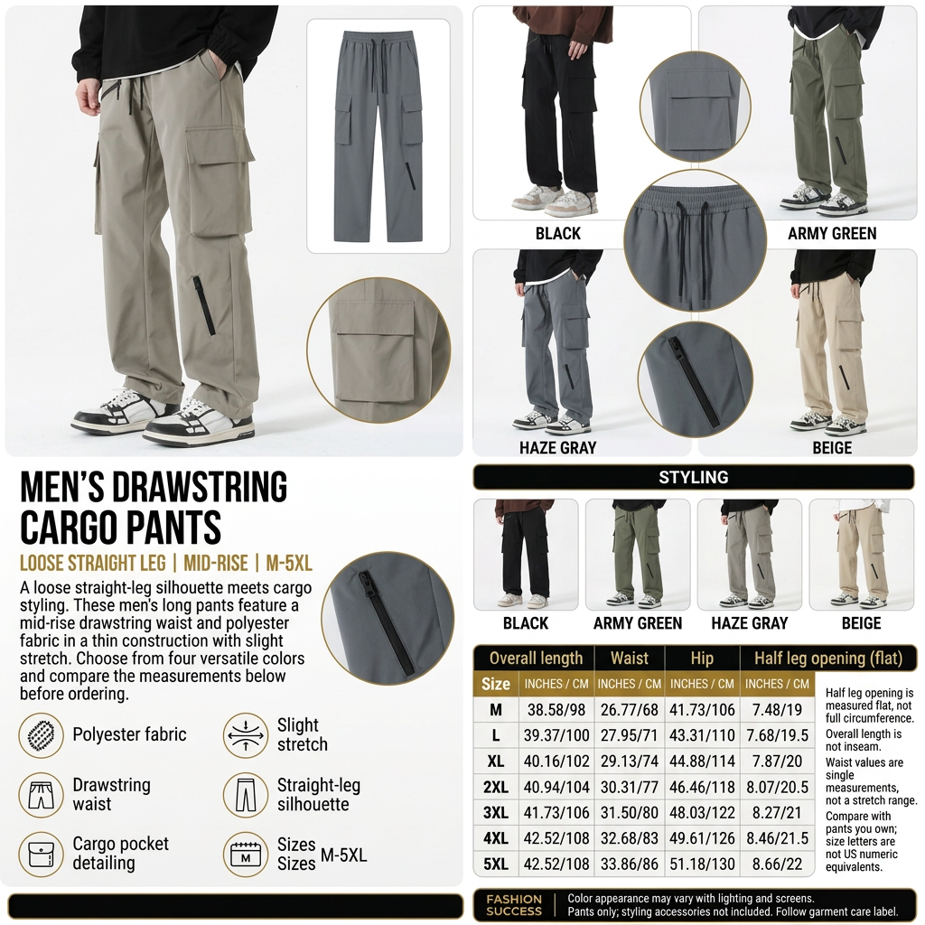 Men’s drawstring cargo pants image-rich product infographic