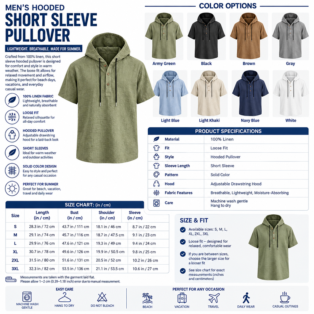 Men’s hooded short-sleeve pullover infographic
