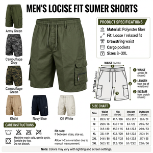 Men’s summer shorts infographic with seven colors and full size chart
