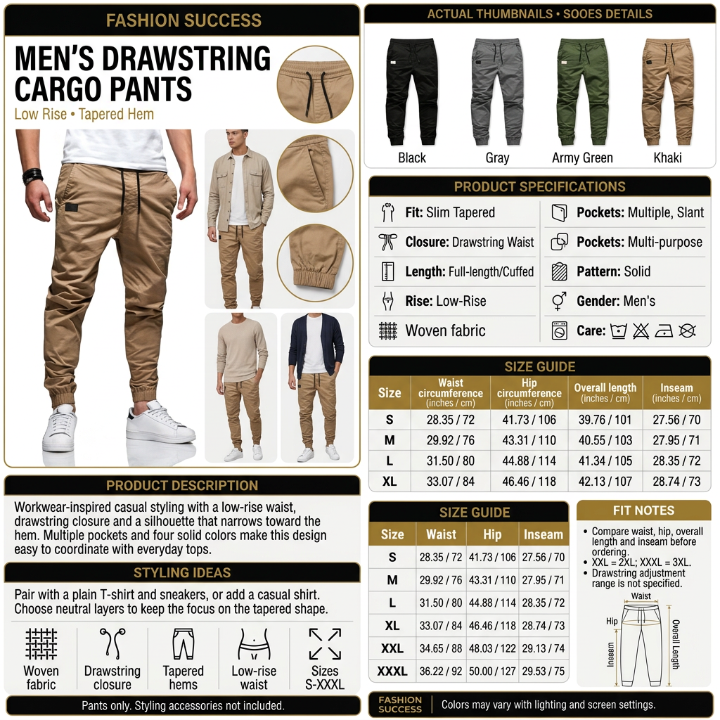 Men’s tapered cargo pants detailed infographic