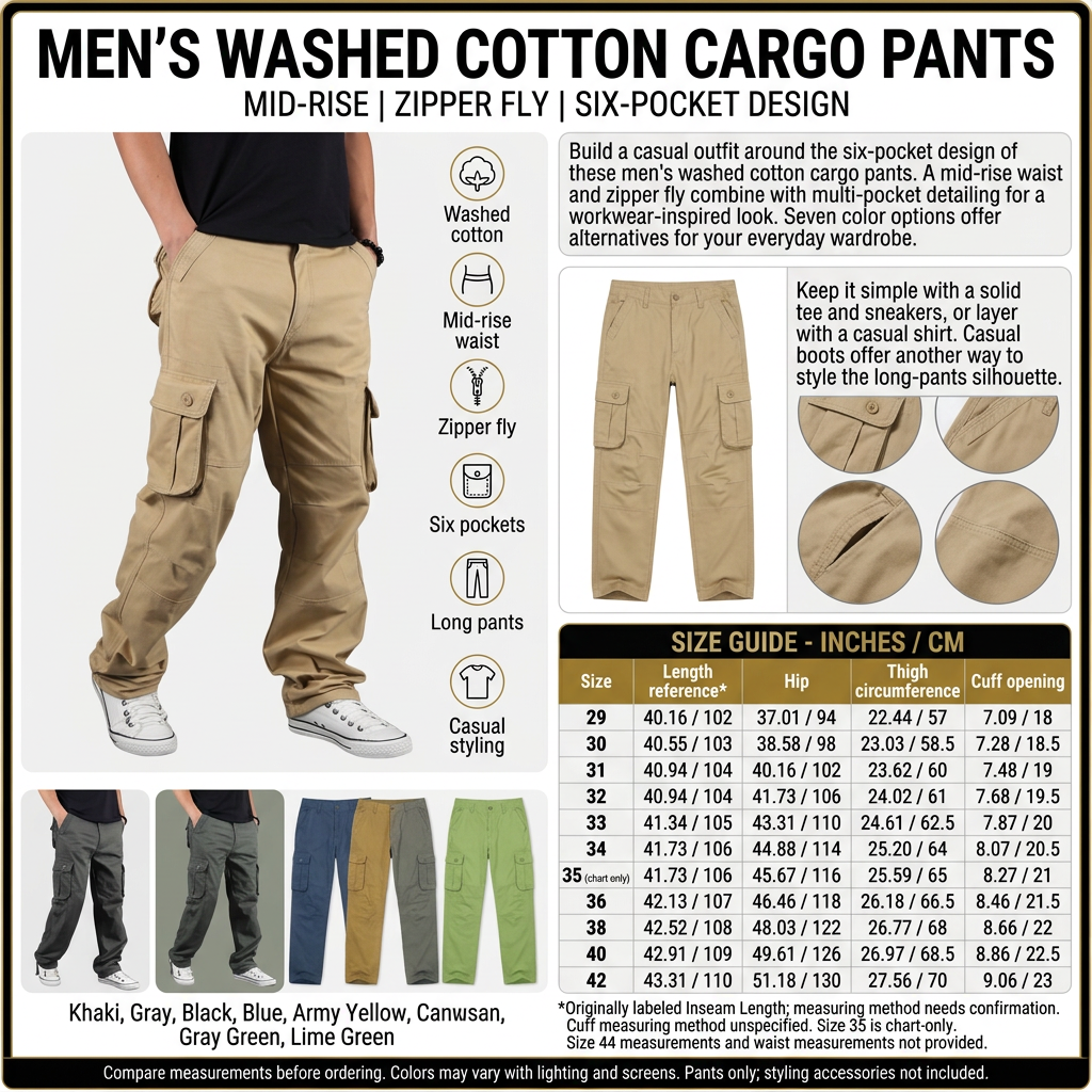 Men’s washed cotton cargo pants image-rich infographic