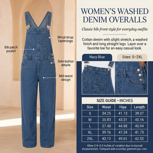 Navy Blue denim overalls infographic without a model