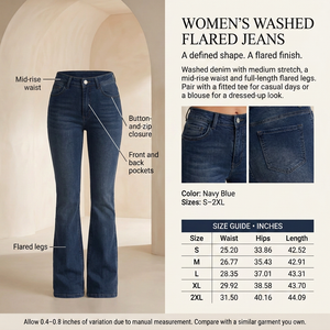 Navy Blue flared jeans infographic without a model