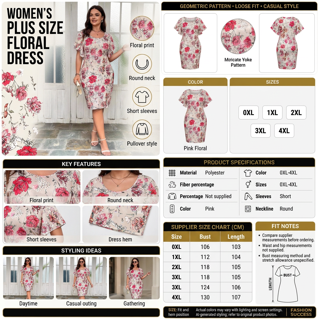 Pink floral dress infographic in the approved black-and-gold layout
