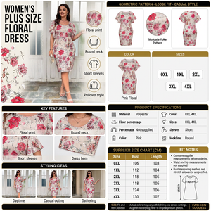 Pink floral dress infographic in the approved black-and-gold layout