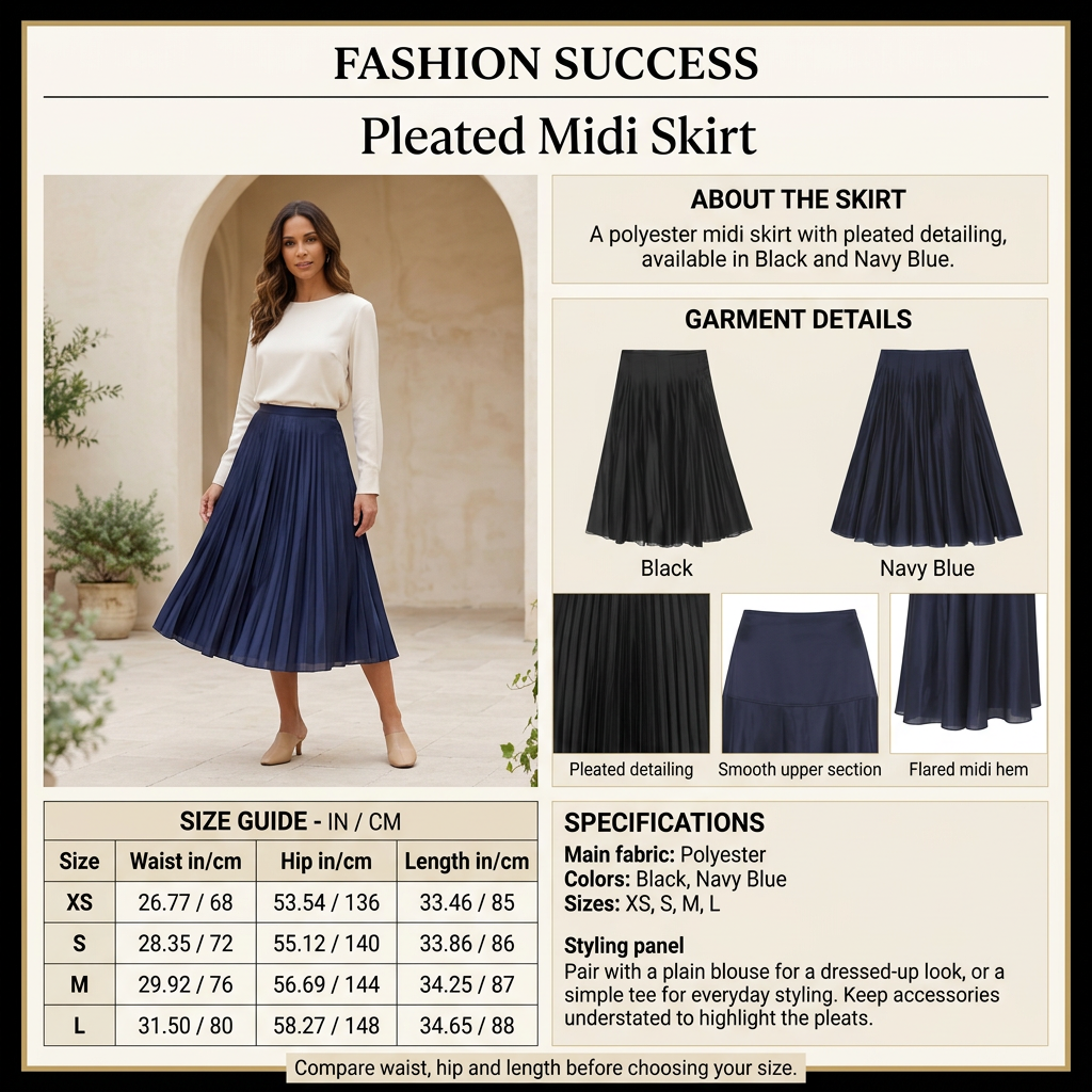 Pleated midi skirt infographic with model, Black and Navy Blue options, and size chart
