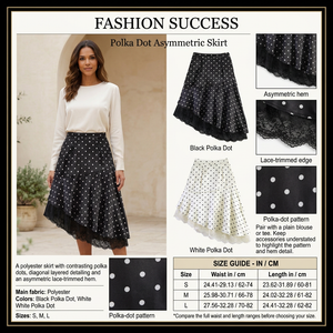 Polka-dot asymmetric skirt infographic with one model, both colors and size chart