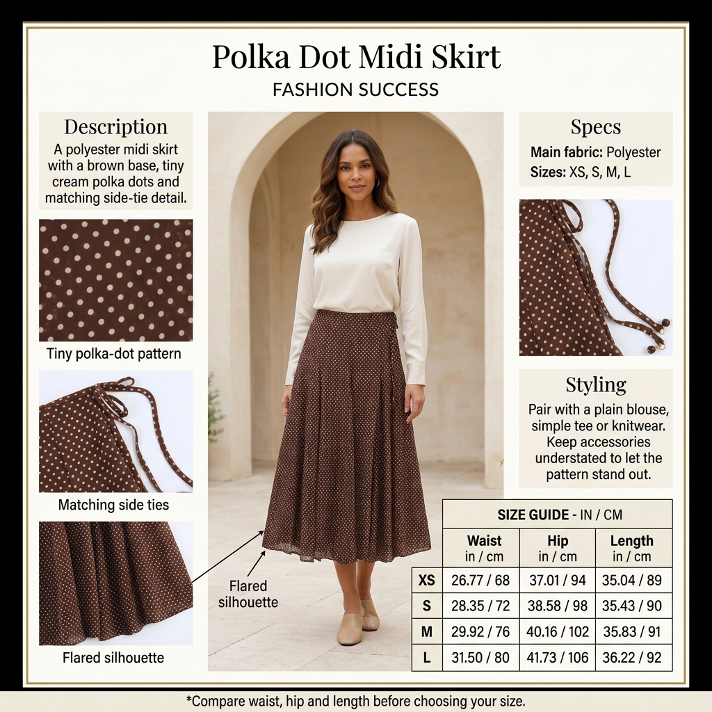 Polka-dot skirt infographic with the left-hand collection model and size chart