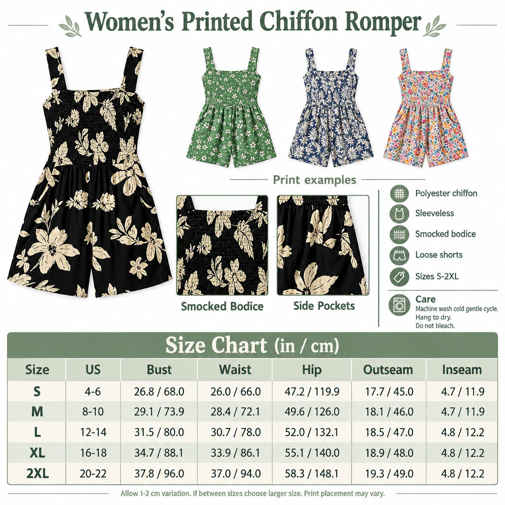 Remade square printed chiffon romper infographic