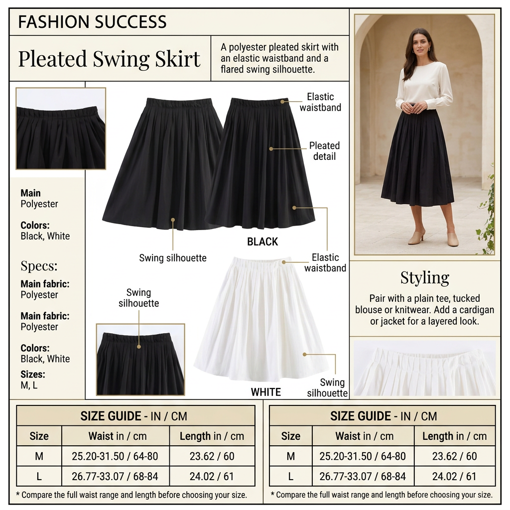 Revised pleated skirt infographic featuring black and white options with one model