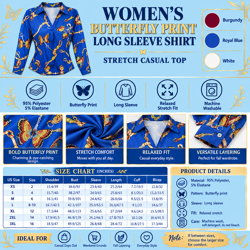 Sky-blue butterfly-print shirt infographic