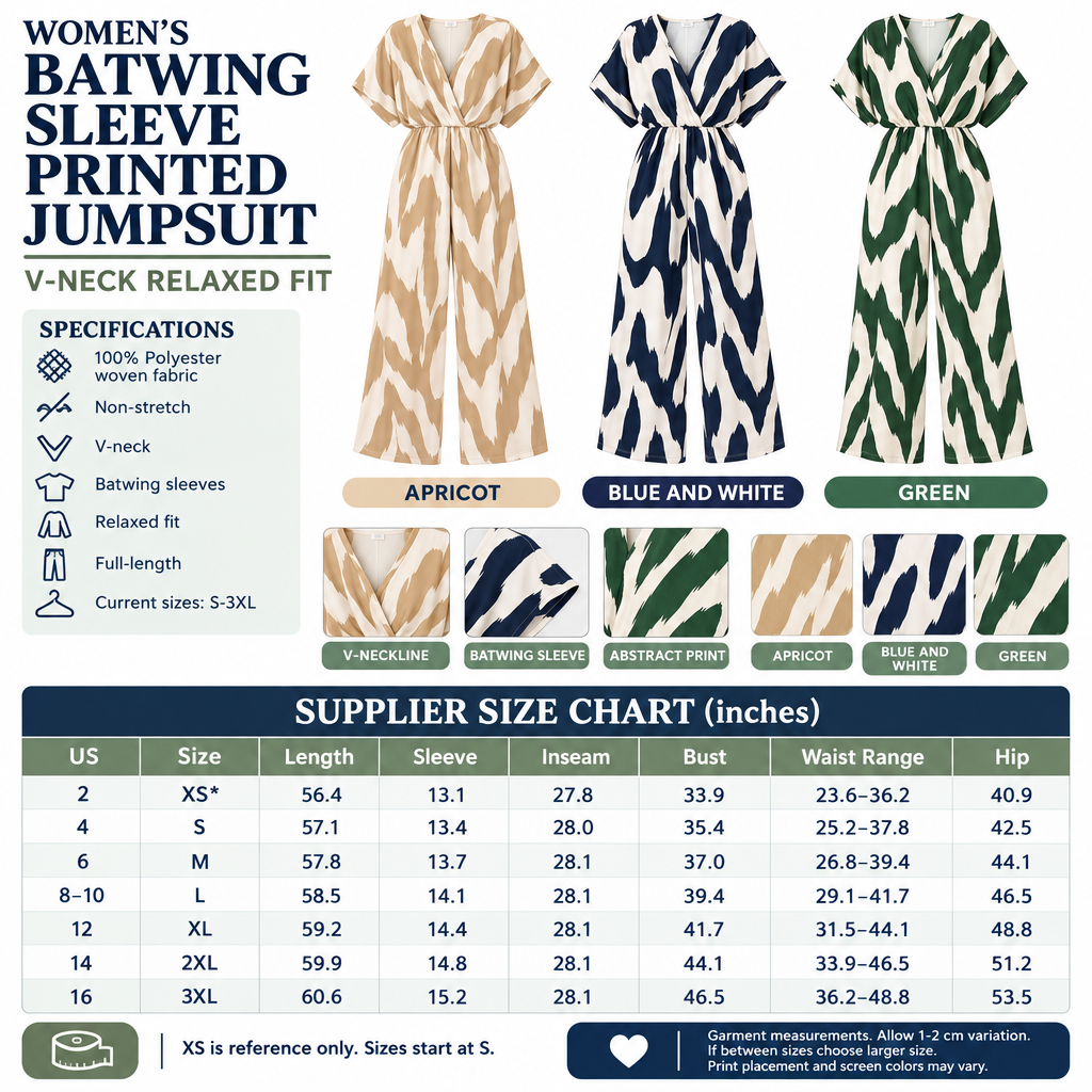 Square batwing sleeve printed jumpsuit infographic