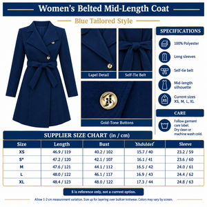 Square blue belted coat infographic