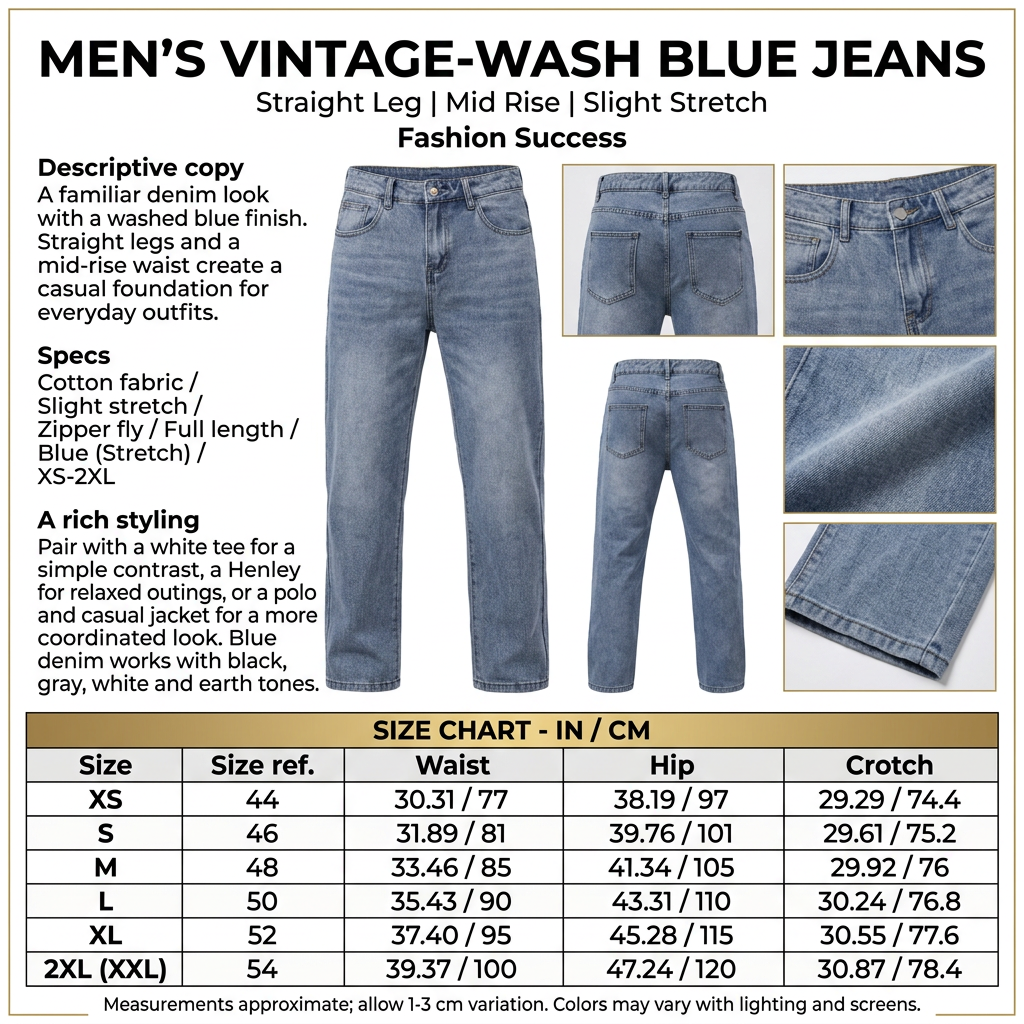 Square blue jeans infographic with product-only front and back views, detailed copy, and size chart