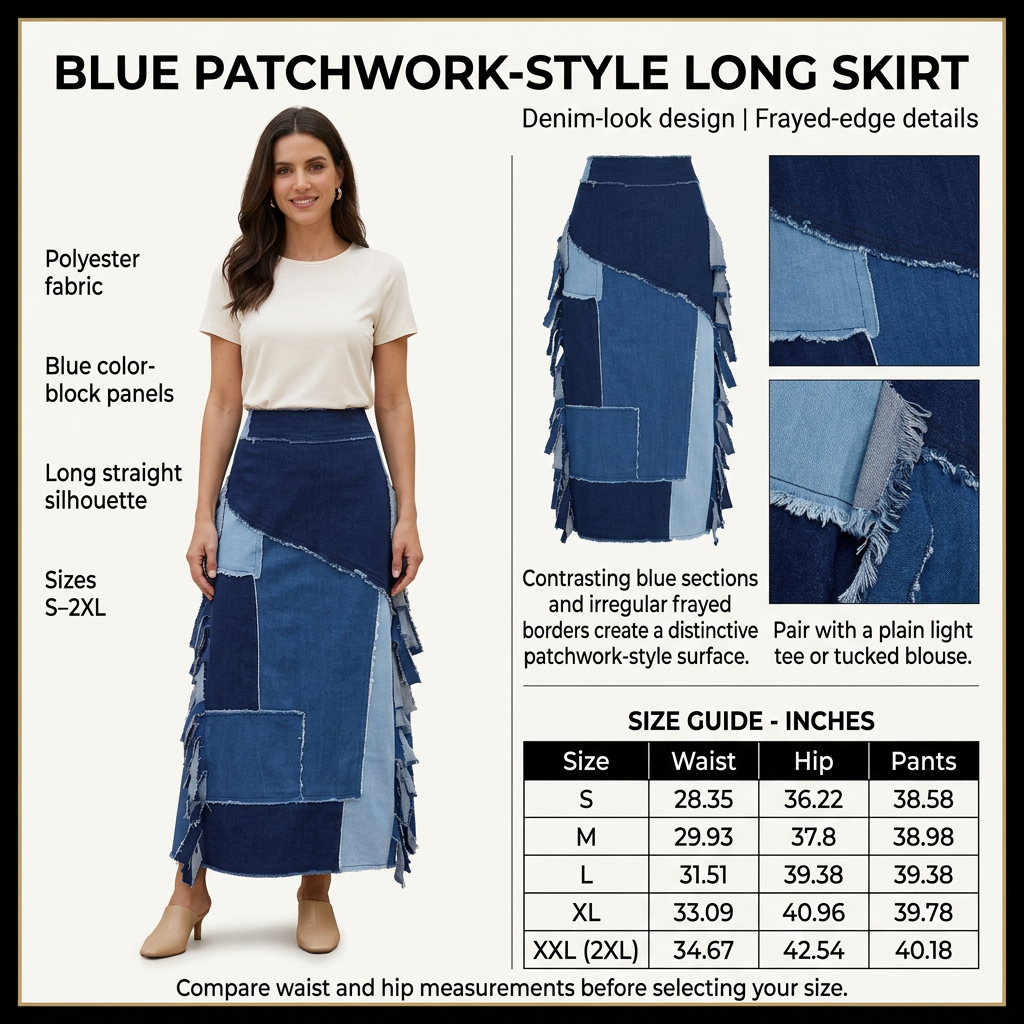 Square blue patchwork-style skirt infographic with preferred model and product details