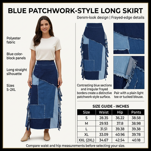 Square blue patchwork-style skirt infographic with preferred model and product details