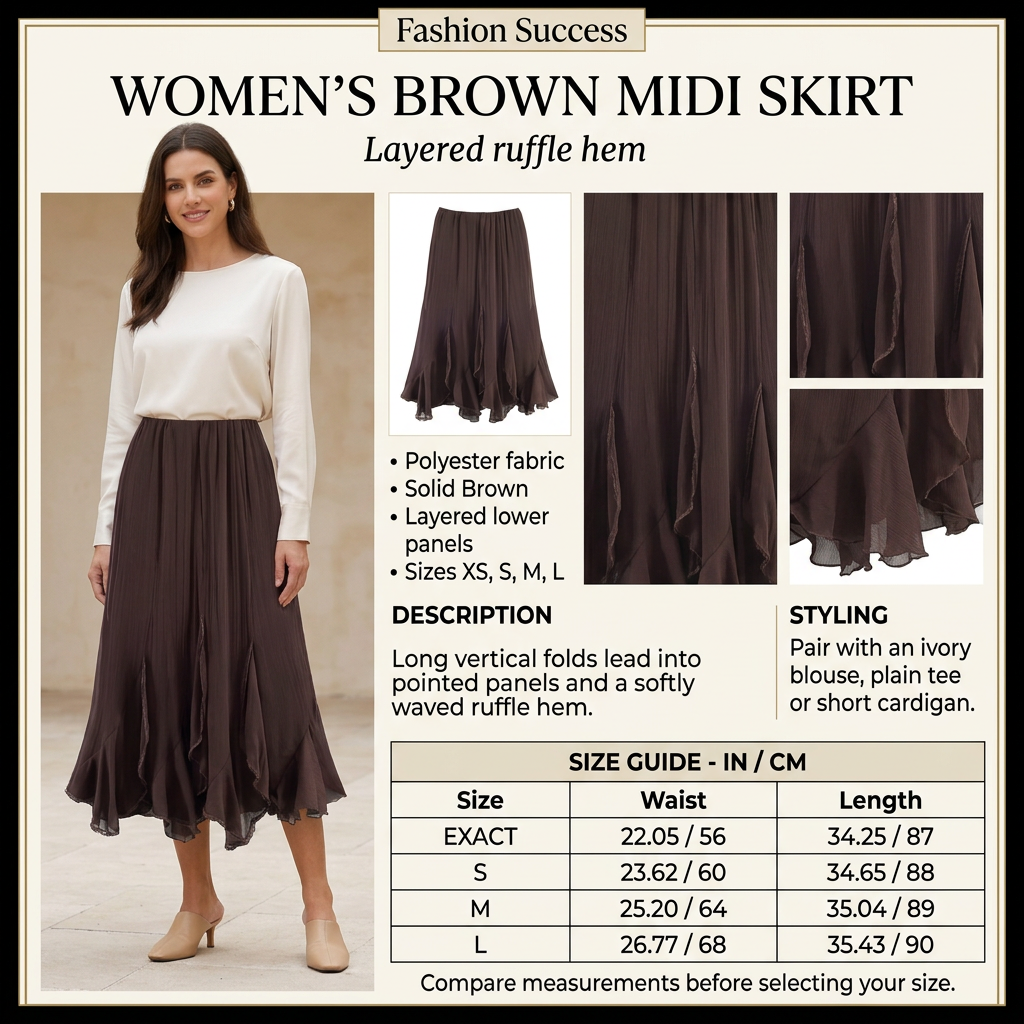 Square brown midi skirt infographic with preferred model, product details and size chart