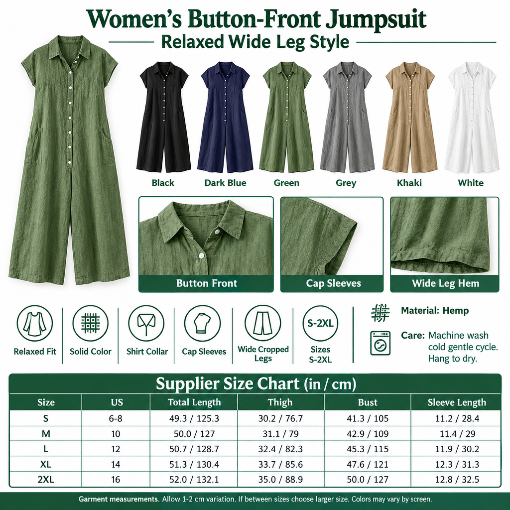Square button-front wide-leg jumpsuit infographic