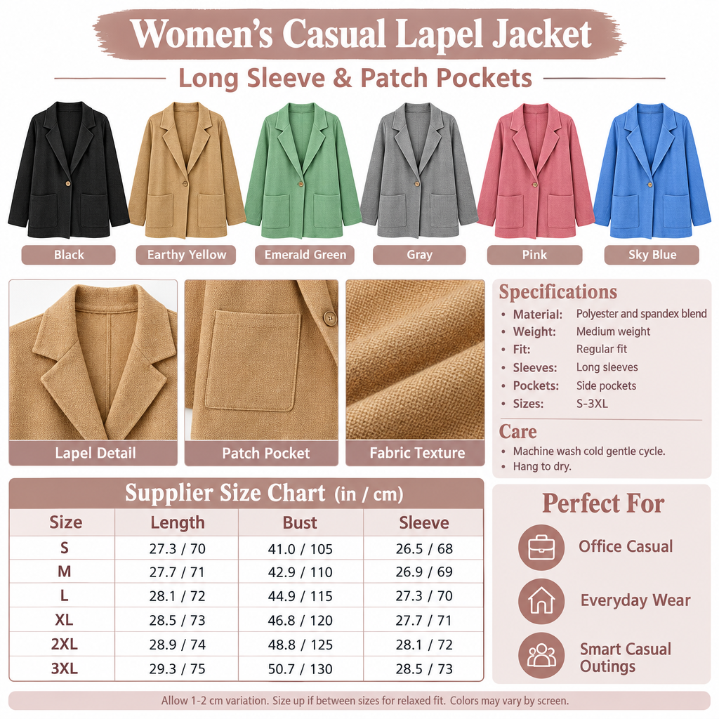 Square casual lapel jacket infographic