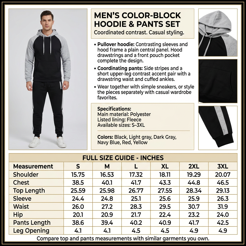 Square color-block hoodie and pants infographic with male model, product details and size chart