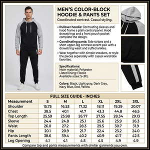 Square color-block hoodie and pants infographic with male model, product details and size chart