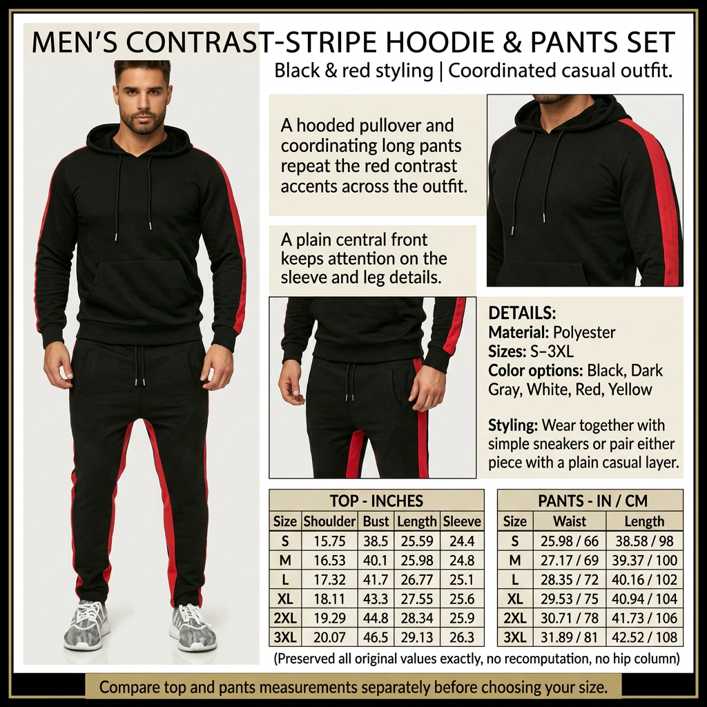 Square contrast-stripe hoodie and pants infographic with male model, product details and size charts