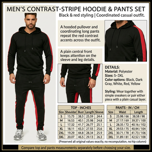 Square contrast-stripe hoodie and pants infographic with male model, product details and size charts