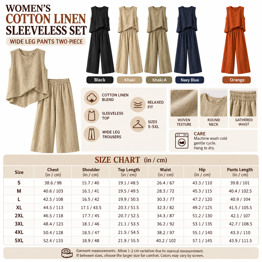 Square cotton linen sleeveless pants set infographic