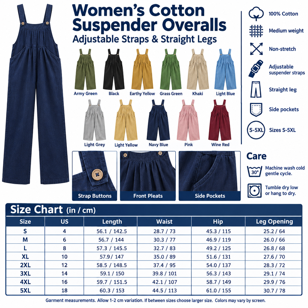 Square cotton suspender overalls infographic