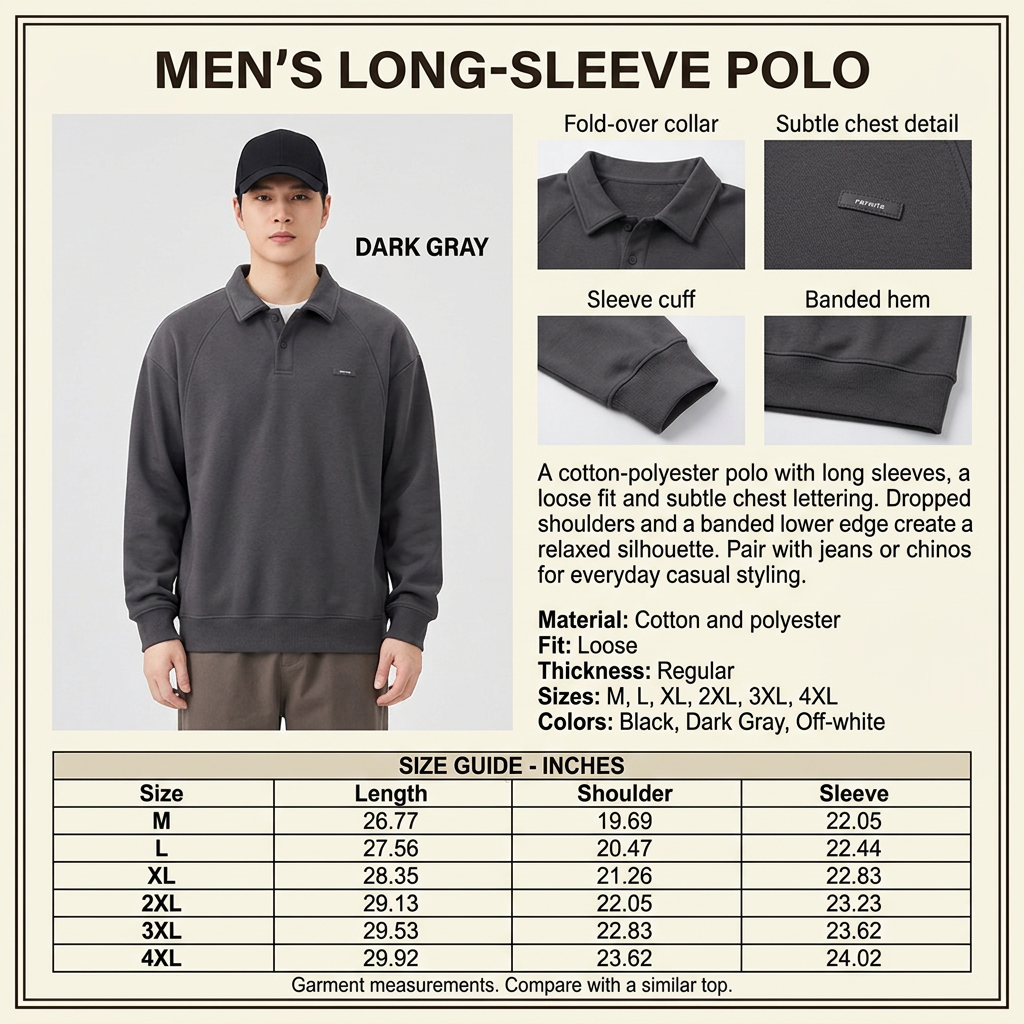 Square Dark Gray polo infographic with male model, garment closeups, descriptive copy, and inches-only size guide