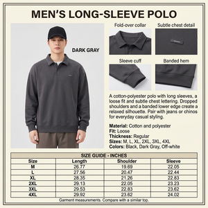 Square Dark Gray polo infographic with male model, garment closeups, descriptive copy, and inches-only size guide
