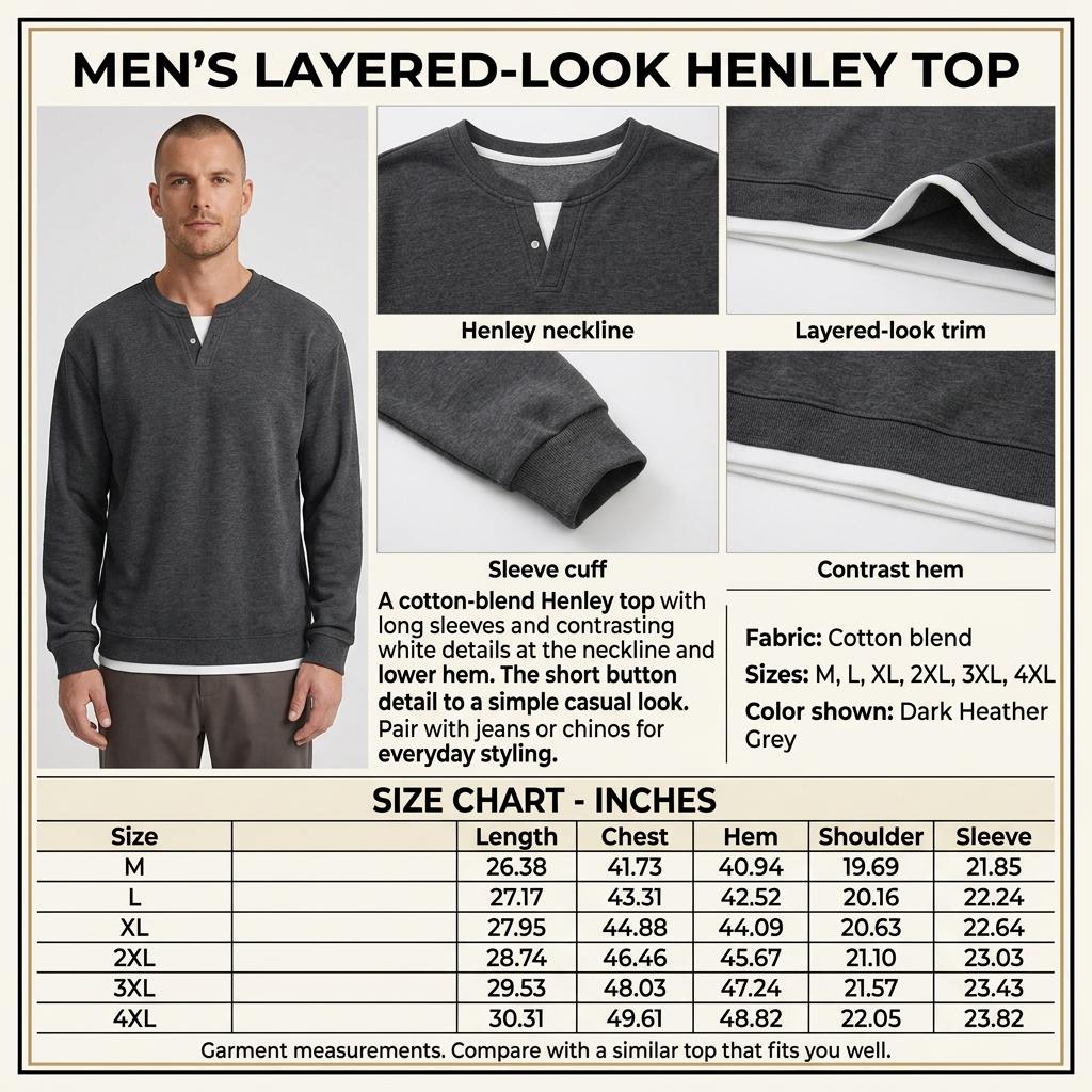 Square Dark Heather Grey Henley infographic with male model, garment closeups, product description, and inches-only size chart