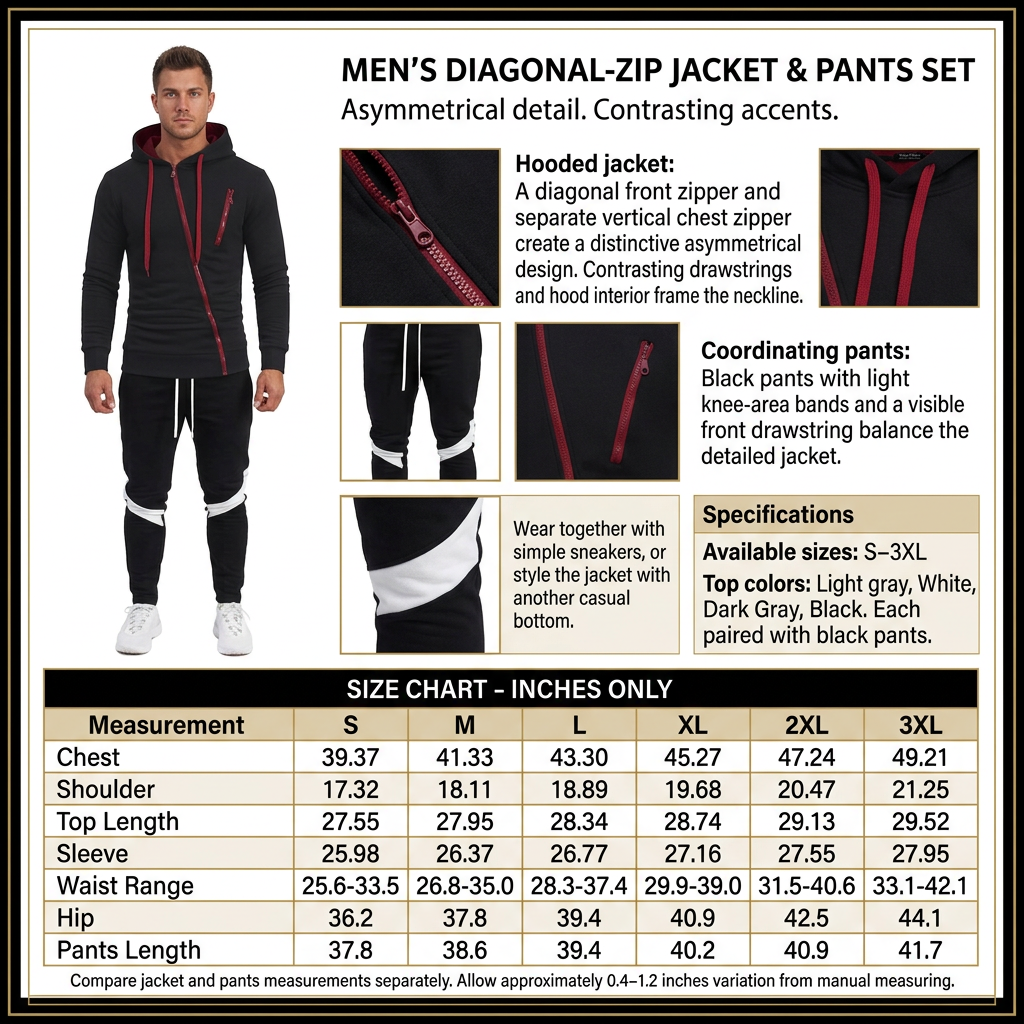 Square diagonal-zip jacket and pants infographic with male model, product details and inches-only size chart