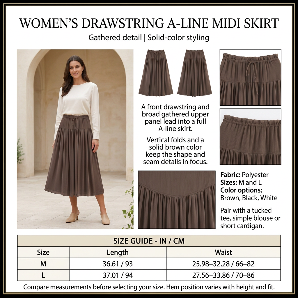 Square drawstring A-line skirt infographic with preferred model, product details and size chart