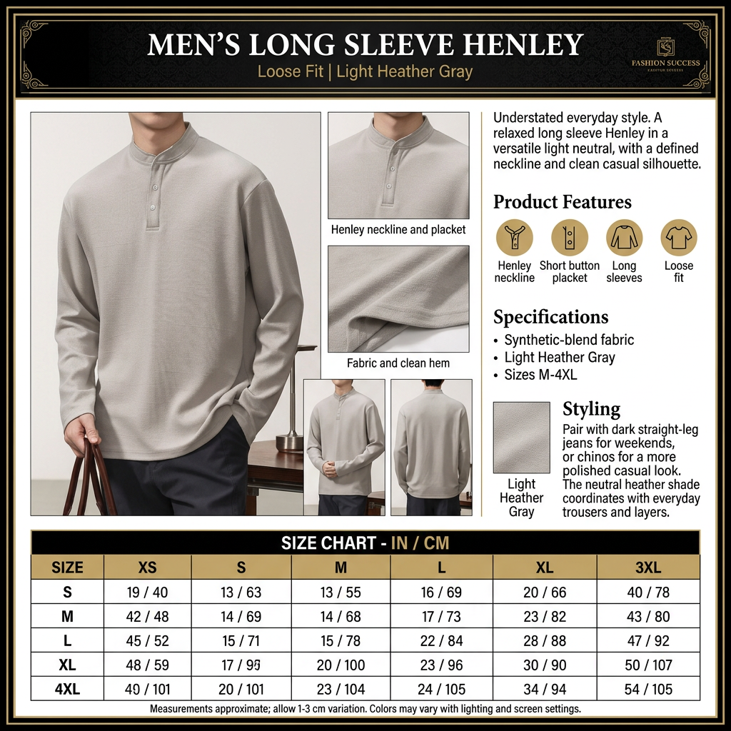 Square Fashion Success Henley infographic with model photos, garment close-ups, descriptive panels, and full size chart