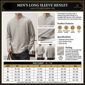 Square Fashion Success Henley infographic with model photos, garment close-ups, descriptive panels, and full size chart