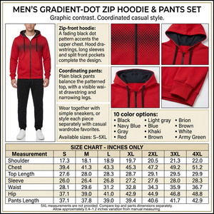 Square gradient-dot hoodie and pants infographic with male model, product details and inches-only size chart