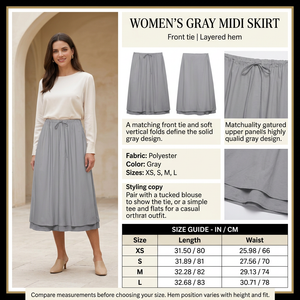 Square gray skirt infographic with preferred model, product details and size chart