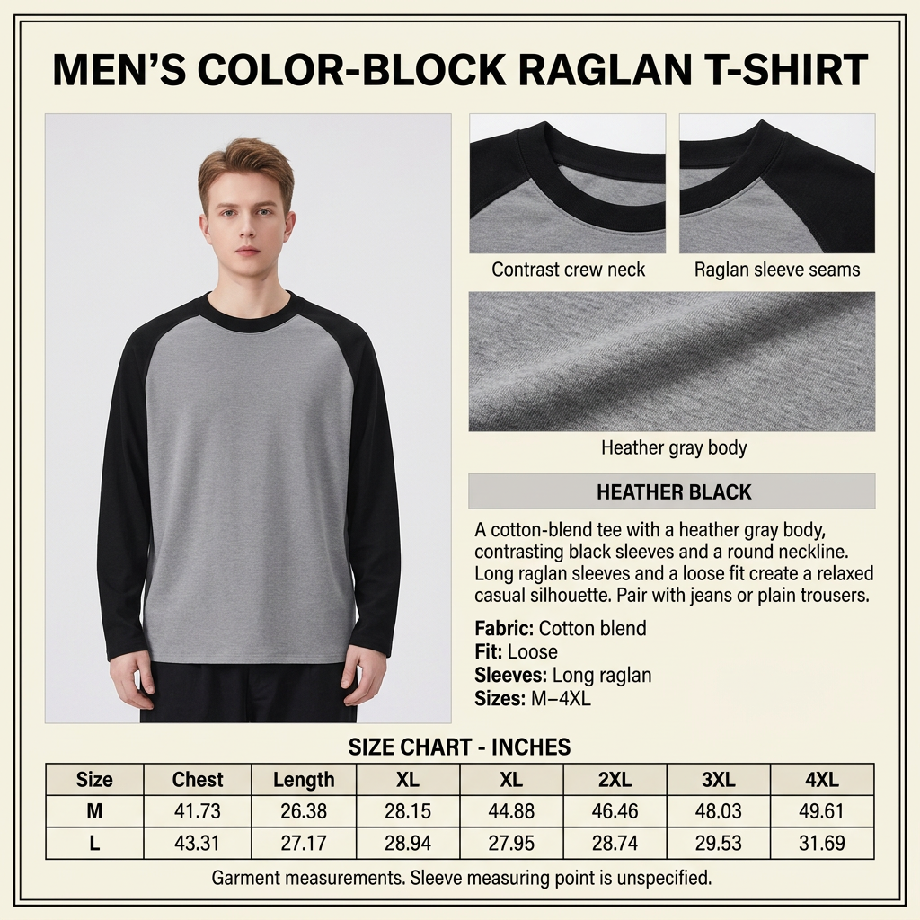 Square Heather Black raglan T-shirt infographic with male model, garment closeups, descriptive copy, and inches-only size chart