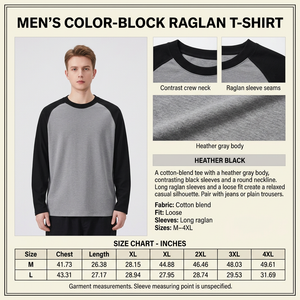 Square Heather Black raglan T-shirt infographic with male model, garment closeups, descriptive copy, and inches-only size chart