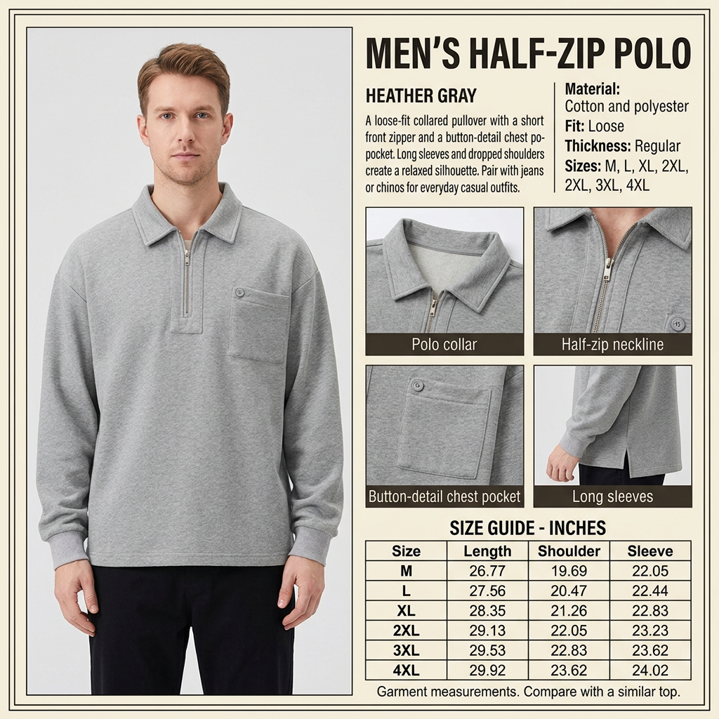 Square Heather Gray half-zip polo infographic with male model, product closeups, descriptive copy, and inches-only measurements