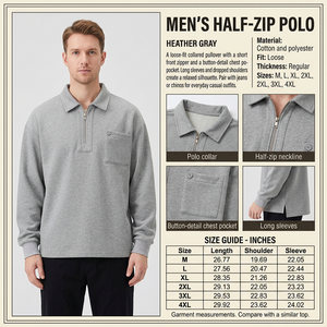 Square Heather Gray half-zip polo infographic with male model, product closeups, descriptive copy, and inches-only measurements