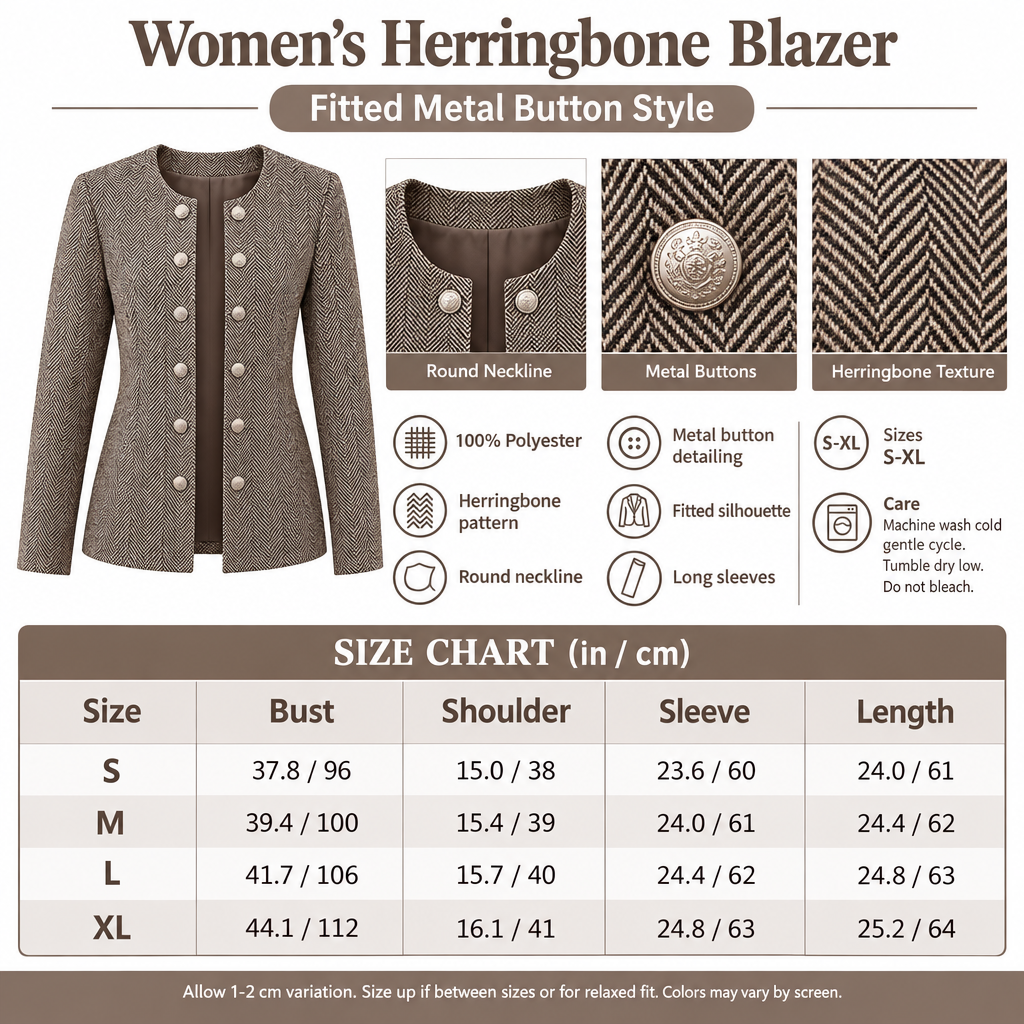 Square herringbone metal-button blazer infographic
