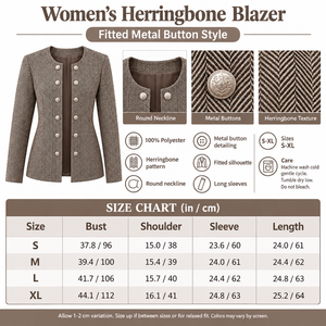 Square herringbone metal-button blazer infographic