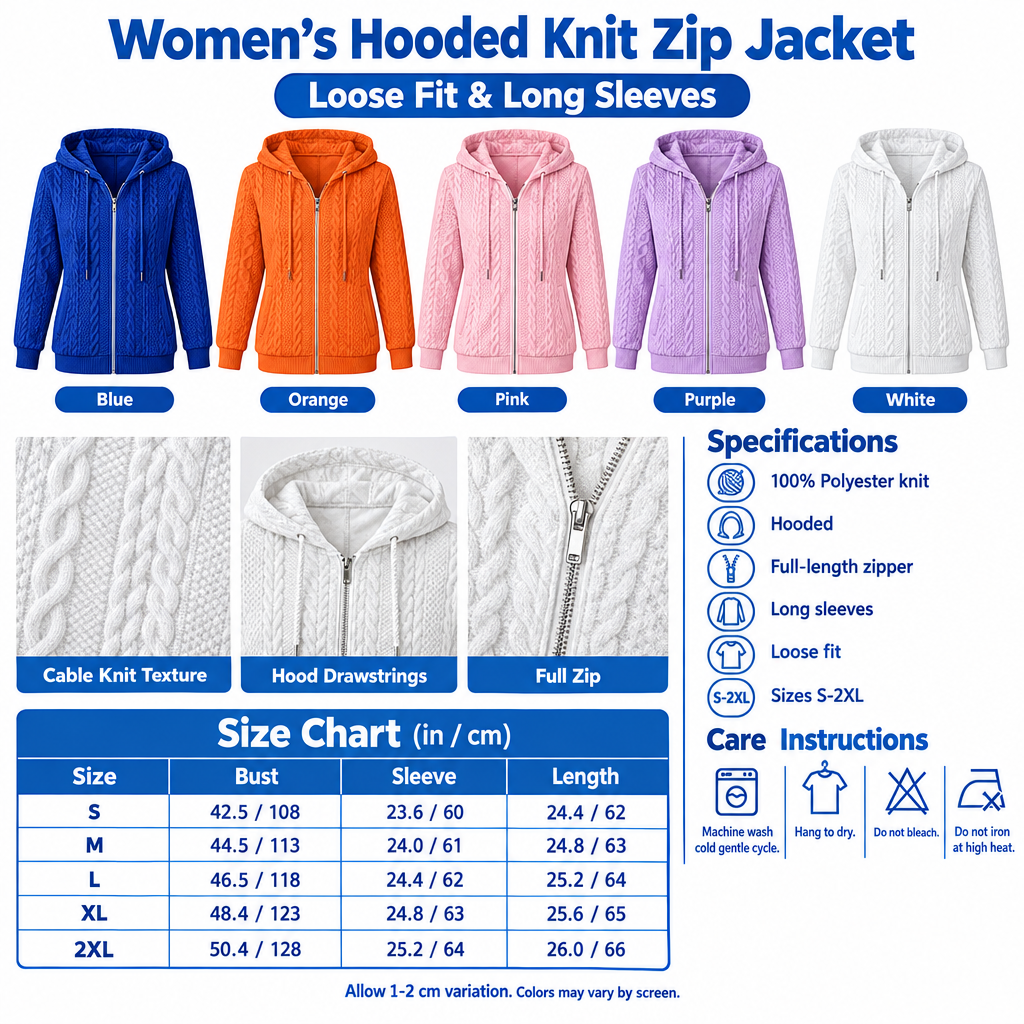 Square hooded knit zip jacket infographic