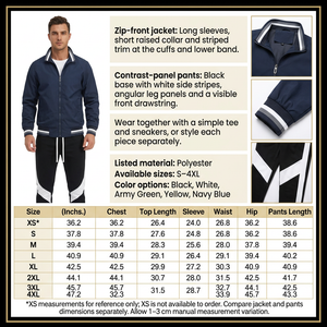 Square jacket and pants infographic with male model, product details and size chart
