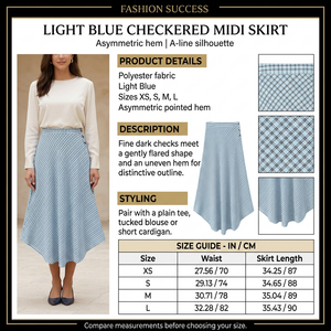 Square light blue checkered skirt infographic with preferred model, product details and size chart