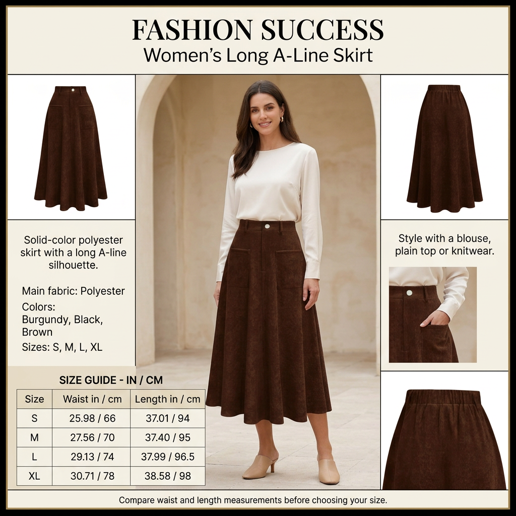 Square long A-line skirt infographic with model and size chart